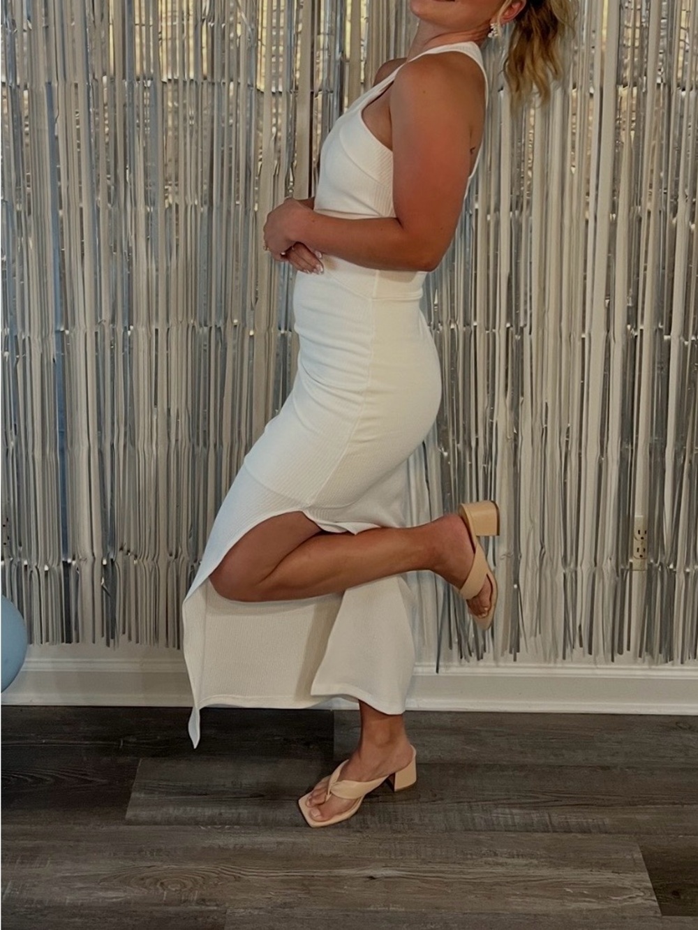 White fitted midi dress with cutout sides